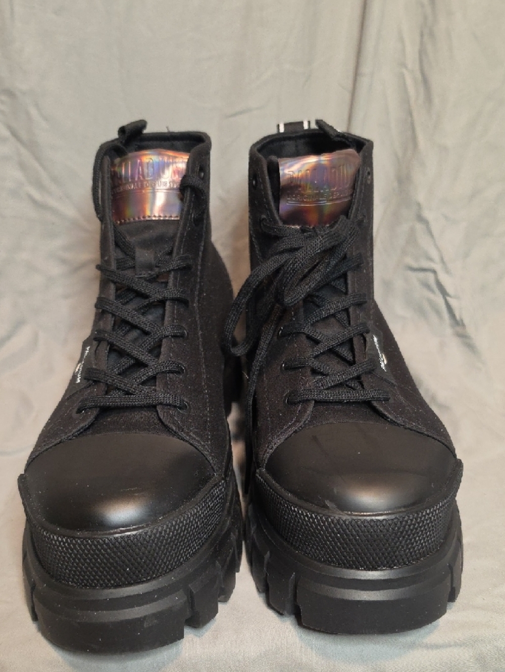 Palladium Black Canvas Lug-Sole Ankle Boots with Iridescent Tongue - Picture 2 of 6